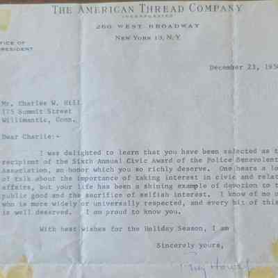 Congratulatory Letter to Charles Hill from President of American Thread Co. 1958