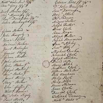 Random page from record book.: The image displays a historical document with handwritten entries, listing names under headings that state the individuals have "taken the oath of fidelity." The names are split into two columns, with each name written in elegant, cursive script. The document appears aged, with visible ink spots and discoloration, giving it an authentic, vintage feel. The handwriting varies slightly in style, suggesting multiple contributors, and there are minor blemishes across the paper, such as a circular stain and what looks like faint fold lines.