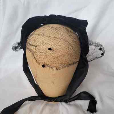 Black Velvet Headband with Netting and Chin Ties 1940s