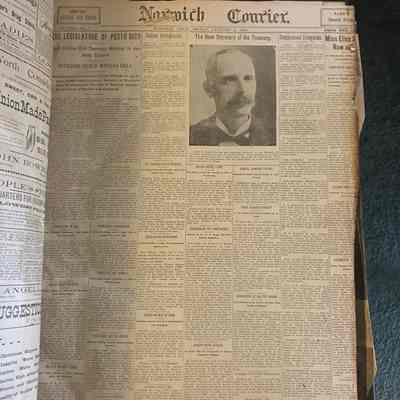Norwich Courier January 3rd 1902: This is the cover page from The Norwich Courier from January 3rd, 1902. There are seven columns but the seventh column is partially cut off. The bottom also appears to be slightly cut off. There is a printed photograph in the top center, a portrait for an article on the new secretary of the treasury.