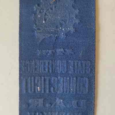 The back of the ribbon, blue on a white background. Gold lettering at the top, below which is a piece of cardboard into which an open safety pin has been inserted.