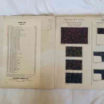 The image displays a fabric sample book with a price list and swatches.