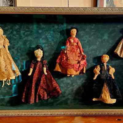 Shadow Box with Five Cloth Dolls