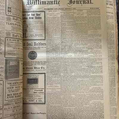 An inside picture showing a Willimantic Journal publication.: This is the cover page from The Willimantic Journal Vol. 57 No. 1 on Friday, January 1st 1904. There is one larger column on the left comprised of advertisements while the remaining four smaller columns contain news articles.