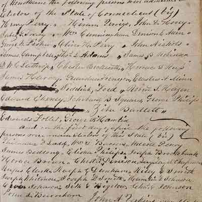 Random page from record book.: The image depicts a handwritten document from a meeting of the Guardians of the Grand Directory of Electors dated March 27, 1848, detailing the admission of various individuals as electors of the state of Connecticut. The names are listed formally, including Henry Perry, Hiram Perrigo, John I. Floresy, and others. The document mentions the state abbreviation (Con.) and includes signatures and annotations across the page. Some sections are crossed out, indicating edits or changes to the original text, and the handwriting is cursive with varying style and legibility, typical of the historical period.