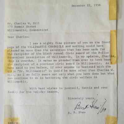 Congratulatory Letter from E.B. Shaw to Charles W. Hill
