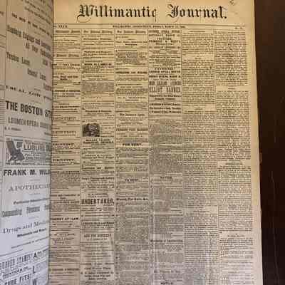 Willimantic Journal March 12th 1886: This is the cover page from The Willimantic Journal Vol. 39 No. 11 on Friday, March 12th, 1886. There are 6 columns the first four are primarily comprised of advertisements. News is organized by town starting with the fifth column.