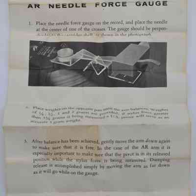 The image shows instructions for using an AR Needle Force Gauge, detailing setup and balance steps.
