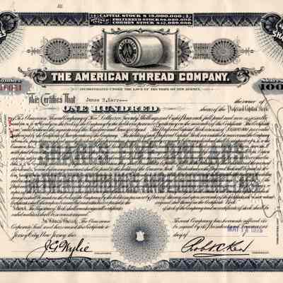 Front of stock certificate: A sheet of paper, landscape view, with holes punched into it. The holes spell out the word "Canceled." A corporate seal is embossed at the bottom center, with the printed signatures of the corporation's Treasurer and President on either side. At the top is an engraving of a spool of thread, with the Name The American Thread Company in large letters beneath it. An engraved border runs around all sides of the certificate.