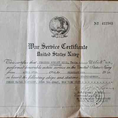 Charles W. Hill War Service Certificate 1919