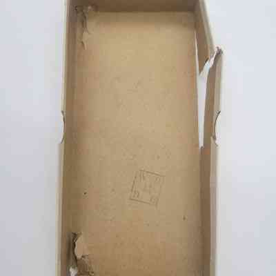 The image shows an empty, worn-out, rectangular cardboard box with torn edges and a stamp inside.