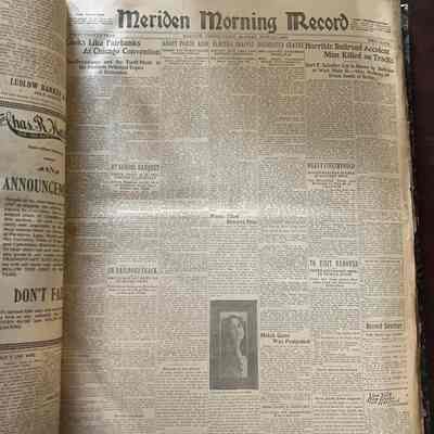 An inside picture showing a Meriden Morning Record publication.: This is the cover page from the Meriden Morning record. There are seven columns of news with two headline articles at the top on the right and left.