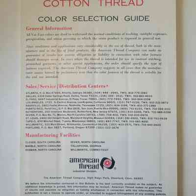 The image shows a cotton thread color selection guide with general information and distribution center locations.