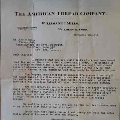 A Letter From the American Thread Co to Charles W Hill November 20, 1918