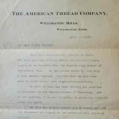 Letter of Recommendation for Charles Hill from an Agent of American Thread Co.