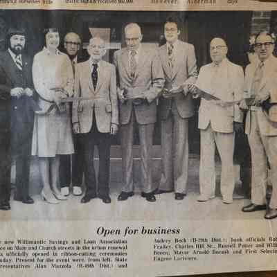 Newspaper Clipping "Open for Business" Ribbon Cutting for Willimantic Savings and Loan 1976