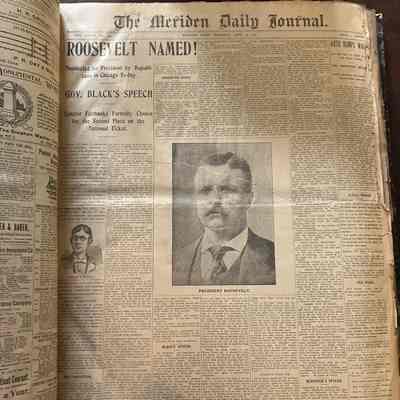 An inside picture showing a The Meriden Daily Journal publication.: This is the cover page of the Meriden Daily Journal. There are seven columns of news. The headline article is "Roosevelt Named!" A large picture of President Roosevelt sits in the middle.