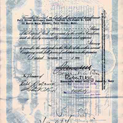 Reverse side of stock certificate: A sheet of paper, portrait view. Various statements and signatures indicate when the stock was transferred. Holes in the paper indicate that the stock was canceled.