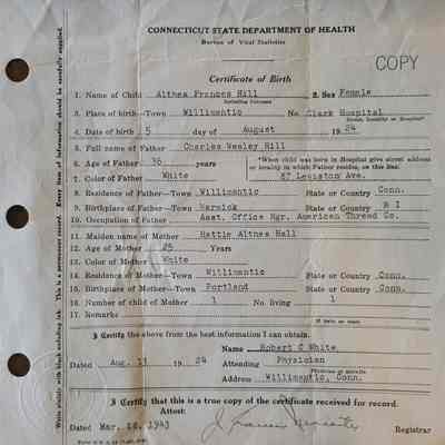 Certified Copy of Birth Certificate for Althea Frances Hill, Copy Requested 1943