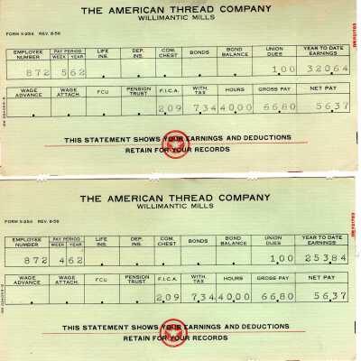 American Thread Paystubs, 1962