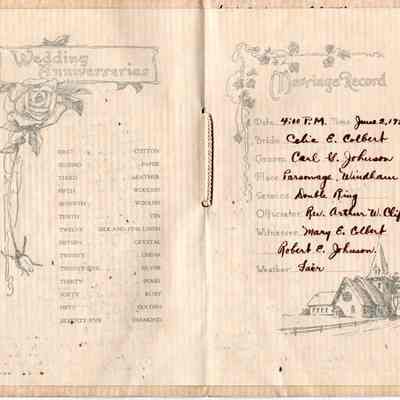 Pages 4 and 5: The image shows a vintage-style marriage record booklet, featuring a decorative "Wedding Anniversaries" list on the left with traditional gifts from the first to seventy-fifth anniversaries, such as cotton for the first and diamonds for the seventy-fifth. On the right, there is a "Marriage Record" section where details of a wedding are handwritten, including the date and time as 4:00 P.M. on June 2, 1920. The bride and groom's names, Celia E. Colbert and Carl G. Johnson, are listed, along with the location, Parsonage Windham Center, and a description of the service as "Double Ring." The officiator was Rev. Arthur W. Clifford, and witnesses were Mary E. Colbert and Robert E. Johnson.