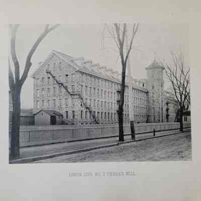 Photo caption reads: LINEN CO'S NO. 2 THREAD MILL. This is the second mill constructed for the Willimantic Linen Company, finished in 1864. The company was founded in 1854 by Austin Dunham and Lawson Ives. Anticipating the effects of the coming Civil War, they stockpiled raw cotton and were able to use the profits during the war to build this mill as well as worker housing.