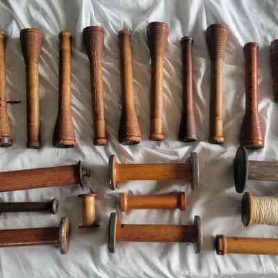 Collection of Wooden Industrial Spools and Bobbins