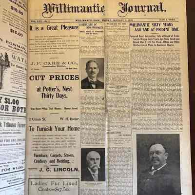 Willimantic Journal Jan 8 1909: This is the cover page from The Willimantic Journal Vol. 62 No. 2 on Friday, January 6th, 1909. There is one larger column of advertisements then four smaller columns of news. There are several men's portrait photographs among the news articles.