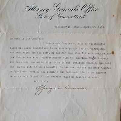 Letter of Recommendation from Attorney General George Hinman April 15, 1918