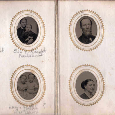 Top Row: Frank Hartshorn, Elizabeth (Knight) Hartshorn, Elizabeth (Knight) Hartshorn with ?; Bottom Row: ?, Perhaps Lucy and Hattie Hartshorn