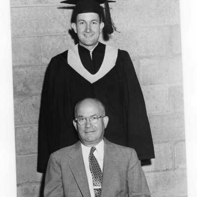 Graduating student Vincent T. McDermott with his alumnus father, Dr. Vincent McDermott, class of 1924 at 1954 graduation/commencement cerermony.