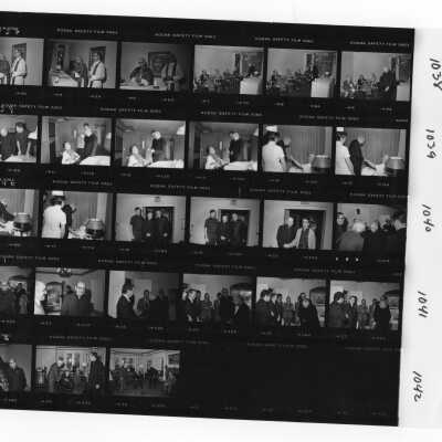 Rev. Pedro Arrupe, S.J., with Donald I. MacLean, S.J., Richard Passon, Frank Ambrosio, Richard George, and George Prendergast during SJC 125th anniversary celebration, 1976 (?).