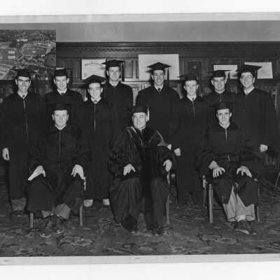 Members of Alpha Sigma Nu Honor Society, including P. Murray, J. Whitaker, W. Mieles, E. Mullaly, R. O'Neill, F. Barry, J. Hilferty, J. Crane, N. Butz, W. Schuster, John J. Long, S.J.