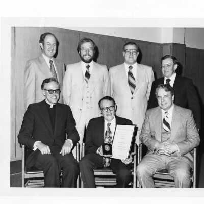 Dr. William F. Kellow, Shaffrey award recipient, with Donald I. MacLean, S.J., Vincent McDermott, Michael Harkins, Walter Dombkoski, Groege Green, and Gerard Kaiser, April 23, 1978.