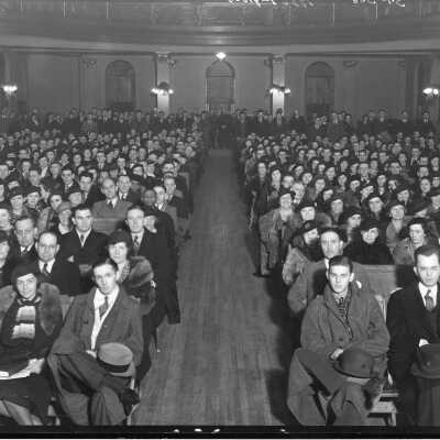 First assembly of students in School of Social Sciences. Classes were open and tuition free for both men and women.