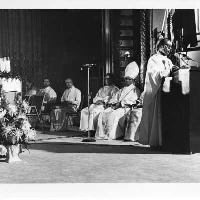 Cardinal Joseph Cordeiro, Bishop Francisco Claver and others at International Eucharistic Congress, symposium on hunger, August 2, 1976, held at Philadelphia Civic Center.