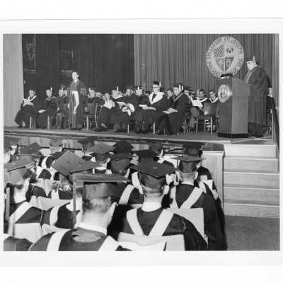 View of September 1967 graduation/commencement in Bluett Theater, Villiger Hall.