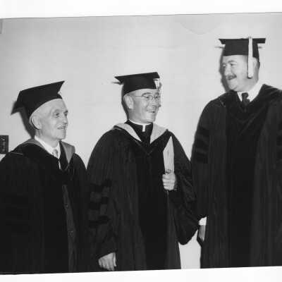 John J. Long, S.J. with honorary degree recipients Thomas K. Quirk and Thomas F. Murphy at 1950 graduation/commencement ceremony.