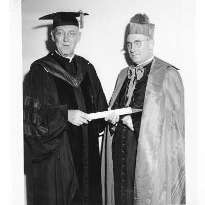 J. Joseph Bluett, S.J., with honorary degree recipient Archbishop Egidio Vagnozzi at 1962 graduation/commencement.