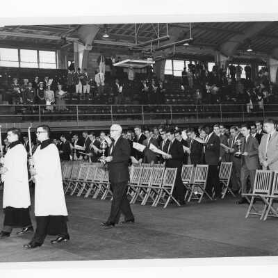 Students processing into Field House for Mass of the Holy Spirit, October 8, 1963.