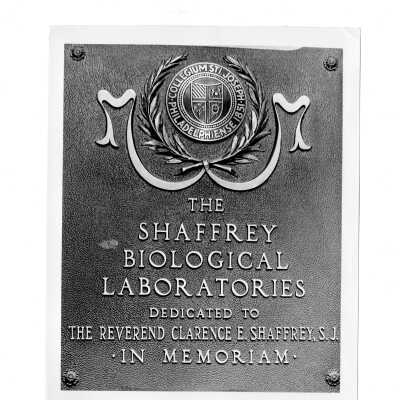 Dedication plaque entitled The Shaffrey Biological Laboratories in honor of Clarence E. Shaffrey, S.J. in Barbelin building.