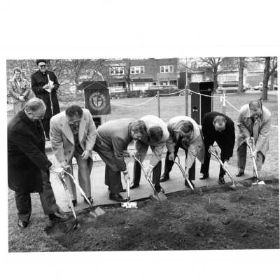 Groundbreaking for Sports Complex (addition to Field House) with Donald I. MacLean, S.J. and Emory Ross, S.J. in background.