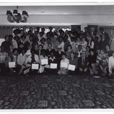 Group photo of George Beichl and others with high school students participating in Chemistry Department's Science Motivation Program, c. 1972.