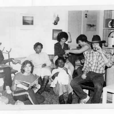Several students from Canisius or Merlin Halls, in dormitory room in Sourin Residence Hall.