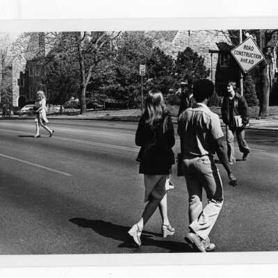Students crossing City Avenue near Barbelin building.