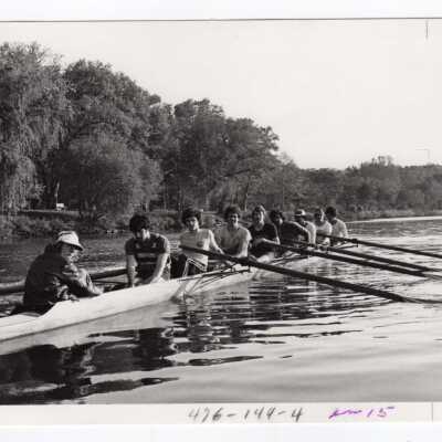Men's crew/rowing practicing on Schuylkill River.