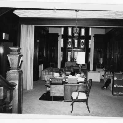 Interior view of conference room with leaded windows in Wolfington Center (formerly Gest Estate, Neumann Hall).