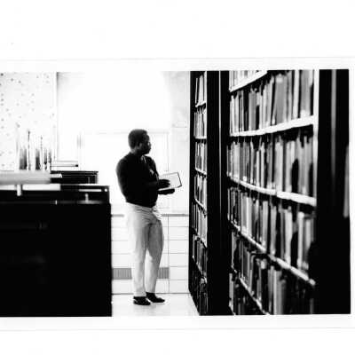 Interior view of students in upper level stack area of Drexel Library.