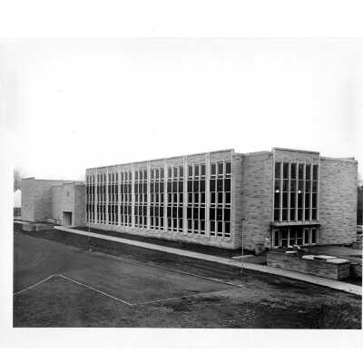 View of front and side entrances of Villiger (later Post) Academy of Food Marketing.