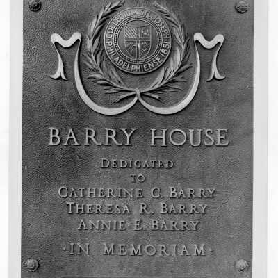 Dedication plaque for Barry House; dedicated to Catherine C. Barry, Theresa R. Barry, and Annie E. Barry.